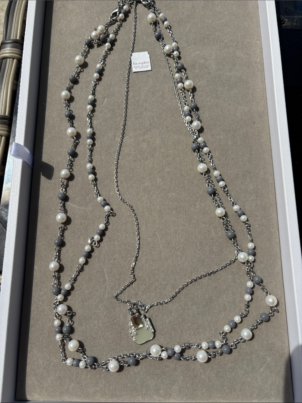 Lia Sophia Multi-Strand Gray and White Beaded Necklace with Pendant